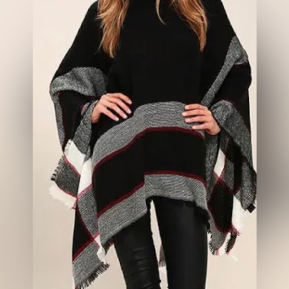 Lulus black striped turtleneck poncho shawl sweater w/ fringe edge OS 🎊SALE - Picture 12 of 14